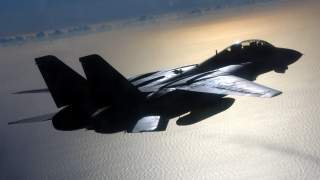An air-to-air overhead view of a Fighter Squadron 1 (VF-1) F-14A Tomcat aircraft. 