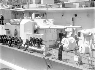 HMS King George V in 1945, secondary QF 5.25 inch gun turret. 1945. State Library of Victoria.