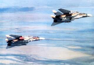 Iran Air Force Grumman F-14A Tomcat fighters armed with multiple missiles: the right-hand aircraft is carrying four AIM-54 Phoenix, two AIM-7 Sparrow and two AIM-9 Sidewinder.