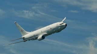 The U.S. Navy’s P-8A Poseidon takes flight just off the coast of Naval Air Station Patuxent River during testing of an enhanced Search and Rescue (SAR) kit.