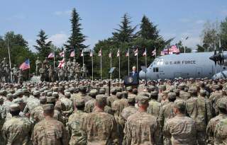 U.S. Vice President Mike Pence delivers a speech during a meeting with U.S. troops taking part in NATO led joint military exercises Noble Partner 2017 at the Vaziani military base near Tbilisi, Georgia August 1, 2017. REUTERS/Irakli Gedenidze