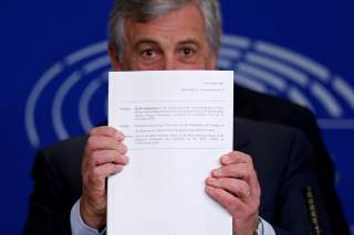 European Parliament President Antonio Tajani displays withdrawal agreement at a news conference about Brexit at the European Parliament in Strasbourg, France, November 15, 2018. REUTERS/Vincent Kessler