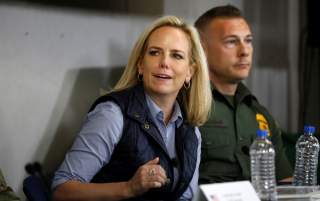 Homeland Security Secretary Kirstjen Nielsen speaks during a border security briefing held for U.S. President Donald Trump near the US-Mexico border in El Centro, California, U.S., April 5, 2019. Picture taken April 5, 2019. REUTERS/Kevin Lamarque