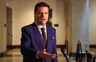 U.S. Rep. Matt Gaetz (R-FL) speaks to reporters outside the House Intelligence Committee SCIF as U.S. foreign service officer Catherine Croft, who once served as a deputy to then-Special Envoy for Ukraine Kurt Volker, testifies