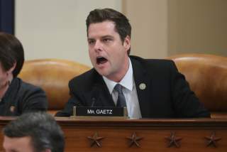 House Judiciary Committee Republican member Rep. Matt Gaetz (R-FL) talks out of turn and interrupts the hearing before being stopped by Chairman Jerrold Nadler during a House Judiciary Committee hearing to receive counsel presentations