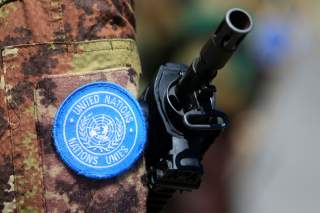 The weapon of a peacekeeper of the United Nations Interim Force in Lebanon (UNIFIL) is pictured during a handover ceremony from Italian Major-General Luciano Portolano to Irish Major-General Michael Bearyover the command of Lebanon's U.N. peacekeeping for