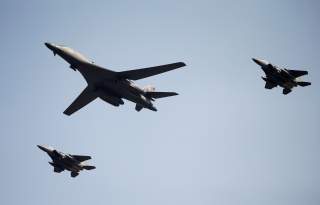 A U.S. Air Force B-1B bomber flies over Osan Air Base in Pyeongtaek, South Korea, September 13, 2016. REUTERS/Kim Hong-Ji