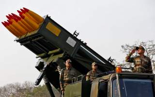 Army officers stand on Indian Army's Pinaka multi-barrel rocket launcher system during a rehearsal for Republic Day parade in Kolkata, India, January 20, 2017. India celebrates its annual Republic Day on January 26. REUTERS/Rupak De Chowdhuri