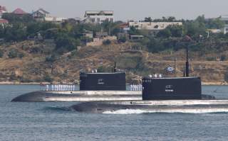 Russian submarines Rostov-on-Don and Stary Oskol sail during a rehearsal for the Navy Day parade in the Black Sea port of Sevastopol, Crimea, July 27, 2017. REUTERS/Pavel Rebrov