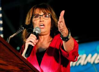 Former vice-presidential candidate Sarah Palin speaks while campaigning for U.S. Senate candidate Judge Roy Moore at the Historic Union Station Train Shed in Montgomery, Alabama, U.S., September 21, 2017. REUTERS/Tami Chappell