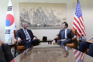 U.S. special representative for North Korea Stephen Biegun talks to South Korea's Special Representative for Korean Peninsula Peace and Security Affairs Lee Do-hoon during a meeting to discuss North Korea nuclear issues at the Foreign Ministry in Seoul, S