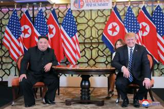 North Korea's leader Kim Jong Un and U.S. President Donald Trump meet for the second North Korea-U.S. summit in Hanoi, Vietnam, in this photo released on March 1, 2019 by North Korea's Korean Central News Agency (KCNA). KCNA via REUTERS ATTENTION EDITORS 
