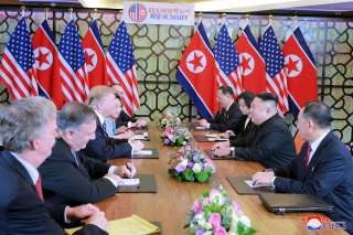 North Korea's leader Kim Jong Un and U.S. President Donald Trump smile during the second North Korea-U.S. summit in Hanoi, Vietnam, in this photo released on March 1, 2019 by North Korea's Korean Central News Agency (KCNA). KCNA via REUTERS ATTENTION EDIT