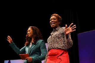 Aimee Allison (L), founder and president of the She the People organization, kicks off the She the People Presidential Forum with political analyst Joy Reid in Houston, Texas, U.S. April 24, 2019. REUTERS/Loren Elliott