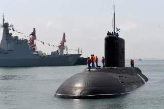 A Russian Navy's submarine arrives for the Chinese-Russian joint naval exercise at Dagang port, in Qingdao, Shandong province, China April 29, 2019. Picture taken April 29, 2019. REUTERS/Stringer 