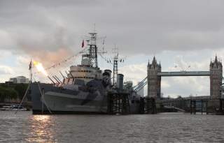 A British battleship that survived World War Two, the HMS Belfast, recreates the moment the first guns were fired in Normandy on June 6, 1944, marking the 75th anniversary of D-Day, in London, Britain June 6, 2019. REUTERS/Simon Dawson
