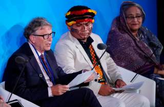 Bill Gates, Trustee and Co-Chair of the Global Commission on Adaptation, speaks as Bangladesh's Prime Minister Sheikh Hasina and Amazon-based indigenous leader Tuntiak Katan look on during the 2019 United Nations Climate Action Summit at U.N. headquarters