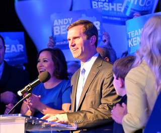 Kentucky's Attorney General Andy Beshear, running for governor against Republican incumbent Matt Bevin, reacts to statewide election results at his watch party in Louisville, Kentucky, U.S., November 5, 2019. REUTERS/Harrison McClary 