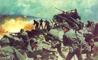 Illustration cropped from a U.S. Army poster depicting the Battle of Chipyong-Ni, a part of the Korean War. Public domain.