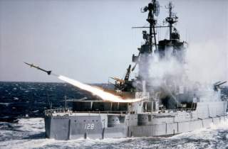  The U.S. Navy auxiliary USS Mississippi (EAG-128) fires an SAM-N-7 Terrier surface-to-air missile during at-sea tests, circa 1953-55. In 1962, the Terrier was redesignated RIM-2. Circa 1953-1955.