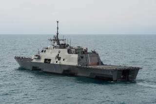 The U.S. Navy littoral combat ship USS Fort Worth (LCS-3) underway in the Java Sea near the location where the tail of AirAsia Flight QZ8501l was discovered. Fort Worth was supporting Indonesian-led efforts to locate the downed aircraft. Note the open ste