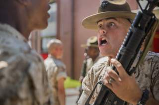Drill Instructor Sgt. Jonathan B. Reeves inspects and disciplines recruits with Platoon 1085, Charlie Company, 1st Recruit Training Battalion, at Marine Corps Recruit Depot Parris Island, South Carolina.