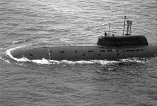 Aerial port view of a Soviet Sierra class nuclear-powered attack submarine K-239 underway. Photo Courtesy of Royal Norwegian Air Force.