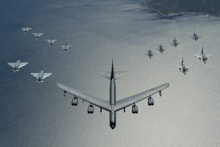 A U.S. Air Force B-52 Stratofortress leads a formation of aircraft including two Polish air force F-16 Fighting Falcons, four U.S. Air Force F-16 Fighting Falcons, two German Eurofighter Typhoons and four Swedish Gripens over the Baltic Sea