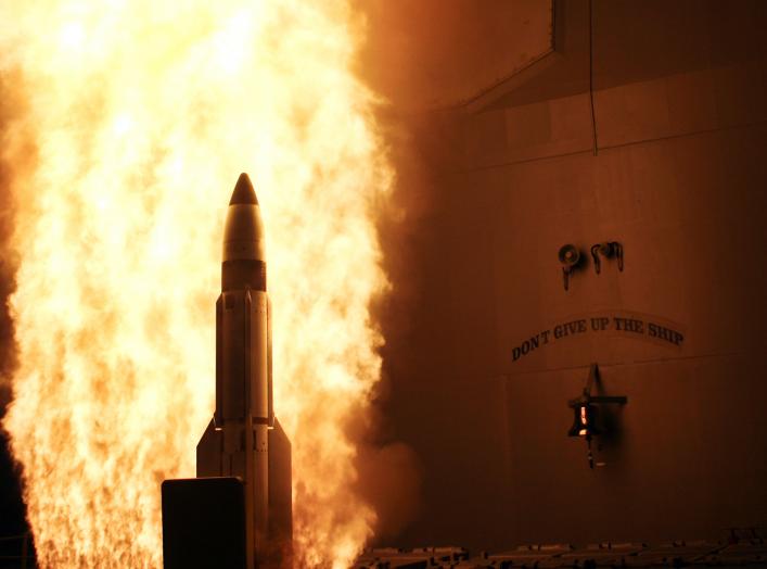 PACIFIC OCEAN (Feb 20, 2008) At a single modified tactical Standard Missile-3 (SM-3) launches from the U.S. Navy AEGIS cruiser USS Lake Erie (CG 70), successfully impacting a non-functioning National Reconnaissance Office satellite approximately 247 kilom
