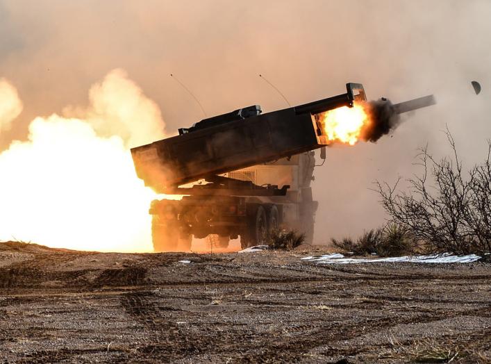 A High Mobility Artillery Rocket System (HIMARS) launcher with Battery B, 1st Battalion, 121st Field Artillery, takes part in a training fire mission in Texas in 2013 before its Afghanistan deployment.