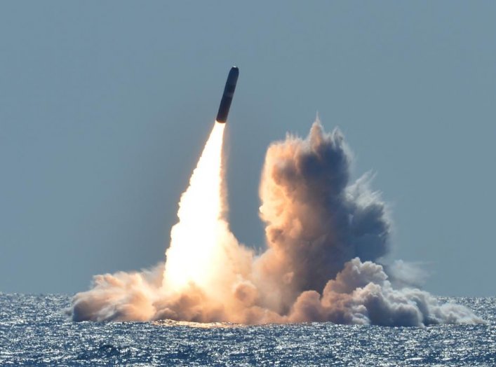 An unarmed Trident II D5 missile launches from the Ohio-class ballistic missile submarine USS Nebraska (SSBN 739) off the coast of California. (U.S. Navy photo by Mass Communication Specialist 1st Class Ronald Gutridge/Released)