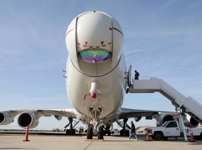 The U.S.A.F. Airborne Laser aircraft sits on the tarmac at Andrews Air Force Base outside Washington, June 21, 2007. The modified 747 aircraft uses a high-energy Chemical Oxygen Iodine Laser to generate an energy beam from the aircraft's nose to intercept