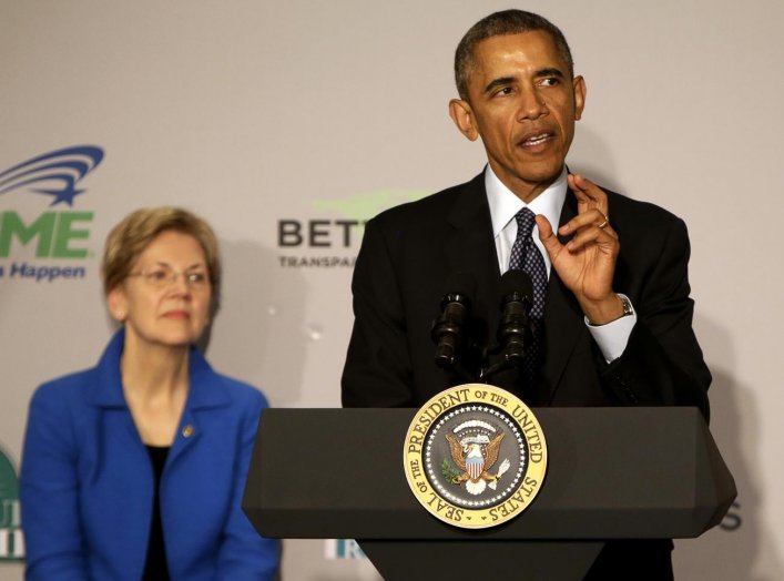 U.S. President Barack Obama delivers remarks at AARP headquarters in Washington February 23, 2015. Senator Elizabeth Warren (D-MA) listens at left. REUTERS/Gary Cameron 