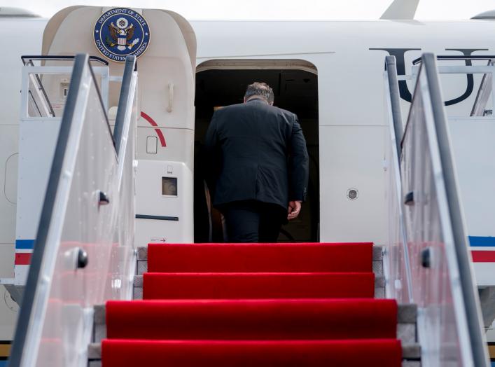 U.S. Secretary of State Mike Pompeo boards his plane at Sunan International Airport in Pyongyang, North Korea, July 7, 2018, to travel to Japan. Andrew Harnik/Pool via REUTERS