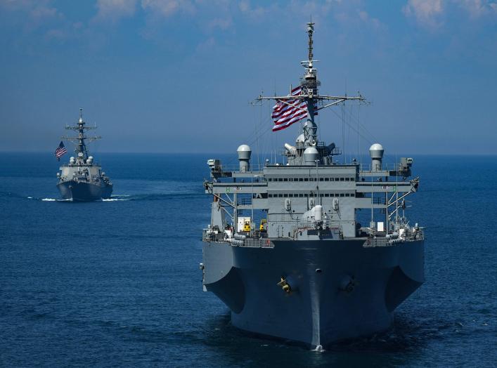 The U.S. Navy Arleigh Burke-class guided-missile destroyer USS Porter and the Blue Ridge-class command and control ship USS Mount Whitney sail in formation during the U.S.-Ukraine multinational maritime exercise Sea Breeze 2018 in the Black Sea July 13, 2