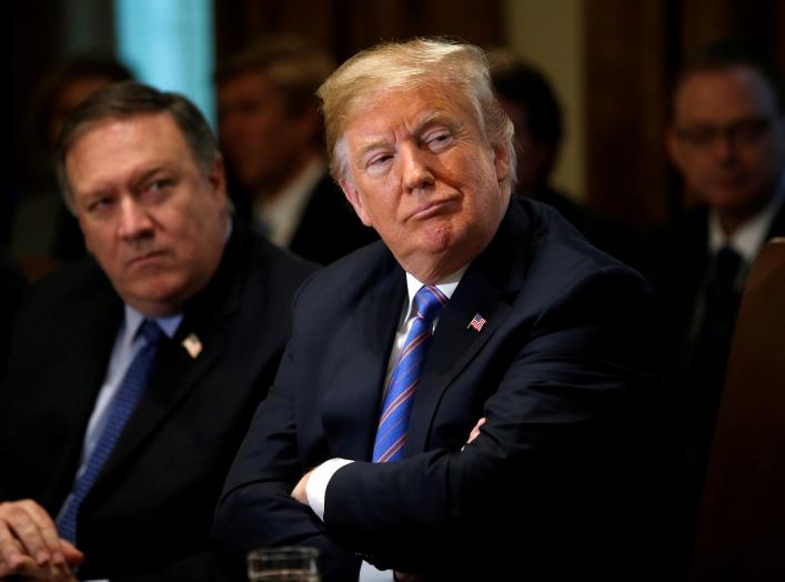 U.S. Secretary of State Mike Pompeo and President Donald Trump listen during a cabinet meeting at the White House in Washington, U.S., July 18, 2018. REUTERS/Leah Millis