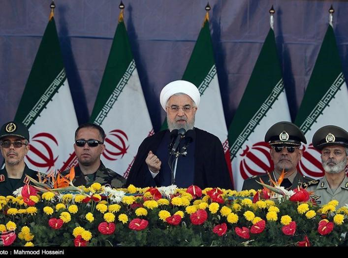 Iranian President Hassan Rouhani delivers a speech during the annual military parade marking in Tehran, Iran September 22, 2018. Tasnim News Agency/via REUTERS
