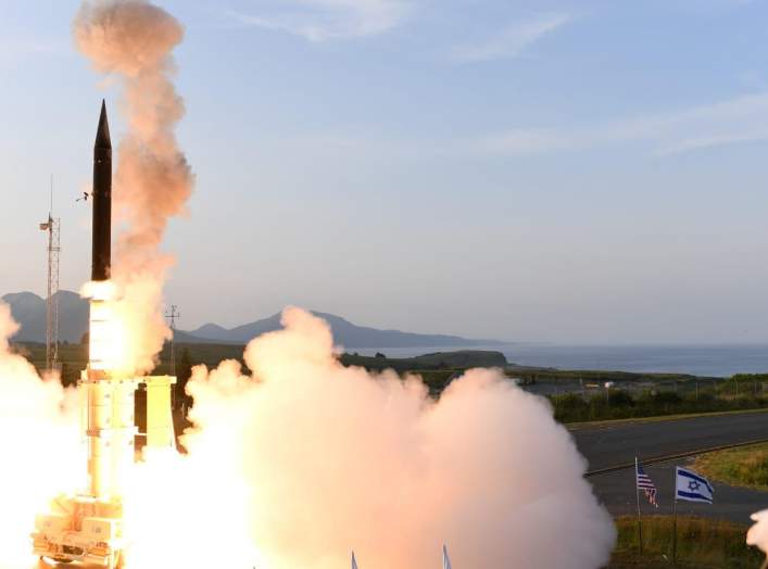 Israel's U.S.-backed Arrow-3 ballistic missile shield is seen during a series of live interception tests over Alaska, U.S., in this handout picture obtained by Reuters on July 28, 2019. Courtesy Israel Ministry of Defense via REUTERS