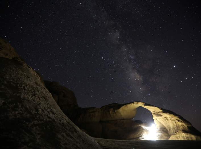 A general view of the stars and mountains at Al-Kharza area of Wadi Rum is seen in the south of Amman, Jordan, July 27, 2019. Picture taken July 27, 2019. REUTERS/Muhammad Hamed