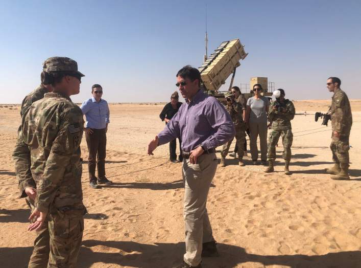 U.S. Defense Secretary Mark Esper speaks with U.S. troops in front of a Patriot missile battery at Prince Sultan Air Base in Saudi Arabia October 22, 2019. REUTERS/Idrees Ali
