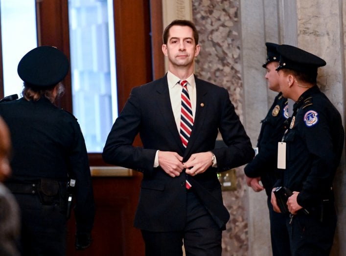 Sen. Tom Cotton (R-AR) arrives for the continuation of the Senate impeachment trial of President Trump at the U.S. Capitol in Washington, U.S., January 23, 2020. REUTERS/Erin Scott