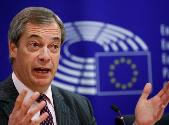 Brexit Party leader Nigel Farage gestures as he holds a news conference ahead of a vote in the European Parliament on the Withdrawal Agreement in Brussels, Belgium January 29, 2020. REUTERS/Francois Lenoir