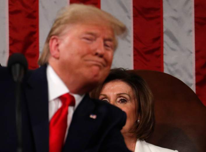 Speaker of the House Nancy Pelosi looks on as U.S. President Donald Trump delivers his State of the Union address to a joint session of the U.S. Congress in the House Chamber of the U.S. Capitol in Washington, U.S. February 4, 2020. REUTERS/Leah Millis