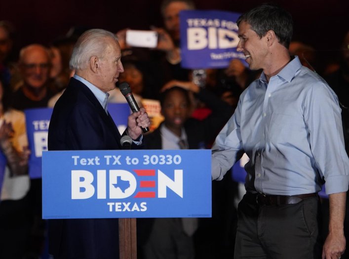 Democratic 2020 U.S. presidential candidate and former Vice President Joe Biden speaks after former 2020 U.S. Democratic presidential candidate Rep. Beto O'Rourke endorses him for president at a campaign event at Gilley's in Dallas, Texas, U.S., March 2, 