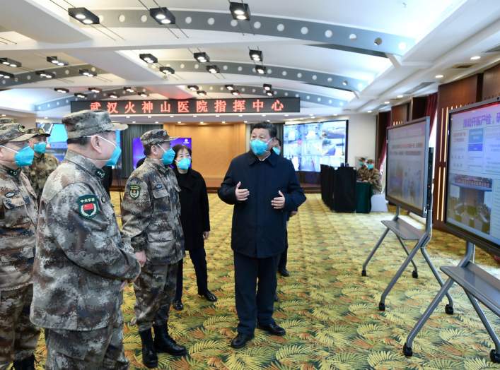 Chinese President Xi Jinping learns about the hospital's operations, treatment of patients, protection for medical workers and scientific research at the Huoshenshan Hospital in Wuhan, the epicentre of the novel coronavirus outbreak, Hubei province, China