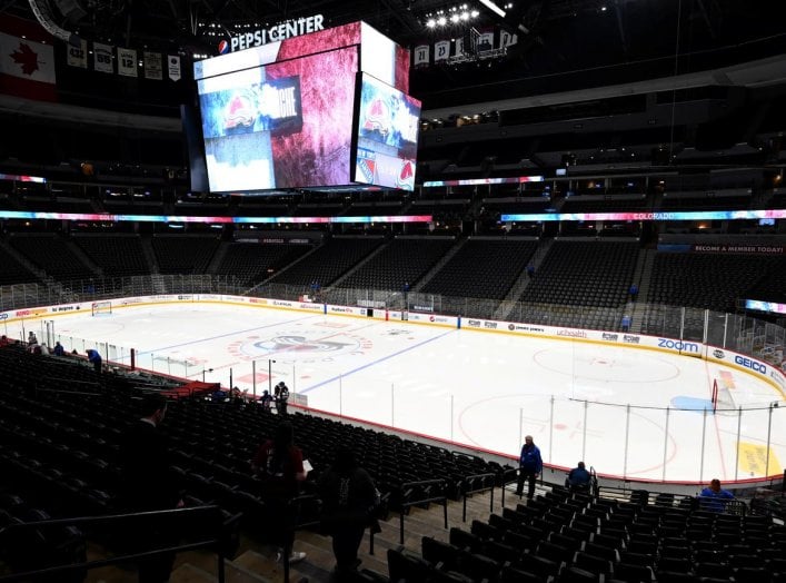 FILE PHOTO: Mar 11, 2020; Denver, Colorado, USA; General view inside the Pepsi Center before the game between the New York Rangers against the Colorado Avalanche. Mandatory Credit: Ron Chenoy-USA TODAY/File Photo