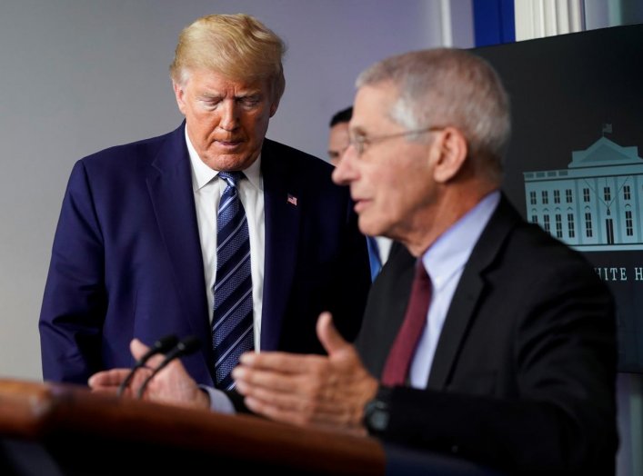 U.S. President Donald Trump reacts as he listens to National Institute of Allergy and Infectious Diseases Director Dr. Anthony Fauci address the daily coronavirus task force briefing at the White House in Washington, U.S., April 5, 2020. REUTERS/Joshua Ro