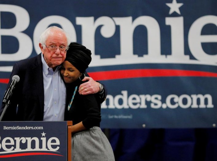 Democratic 2020 U.S. presidential candidate and U.S. Senator Bernie Sanders (I-VT) is joined by U.S. Representative Ilhan Omar (D-MN) at a campaign event in Manchester, New Hampshire, U.S., December 13, 2019. REUTERS/Brian Snyder