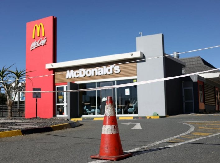 A cone is placed at the entrance of a McDonald's, closed for over a month as South Africa starts to relax some aspects of a stringent nationwide coronavirus disease (COVID-19) lockdown in Johannesburg May 1, 2020. REUTERS/Siphiwe Sibeko