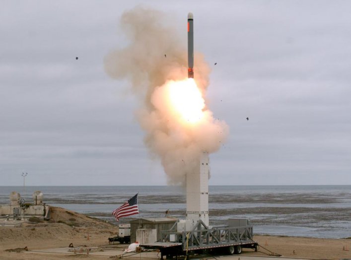 A view of a test missile launch as the Defense Department conducts a flight test of a conventionally configured ground-launched cruise missile at San Nicolas Island, California, U.S., August 18, 2019. Picture taken August 18, 2019. Scott Howe/Department o